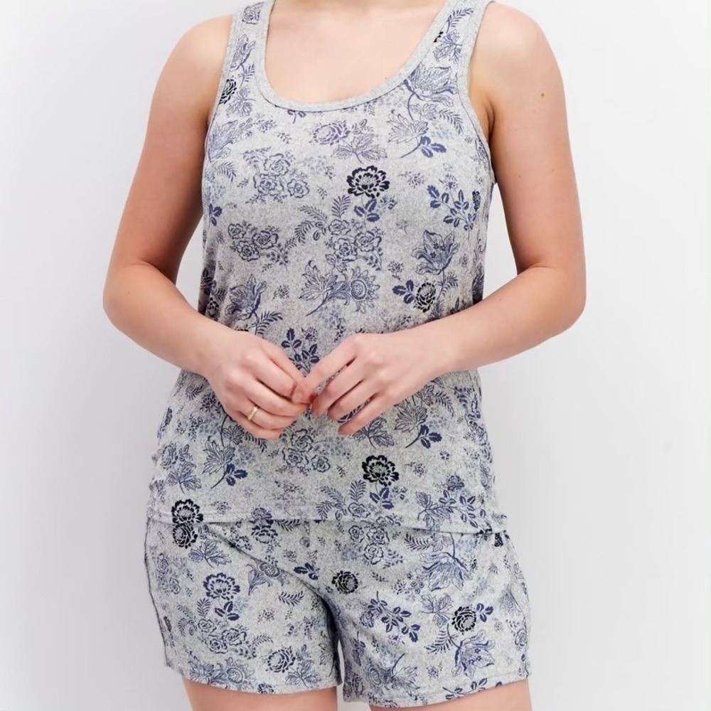 Lucky brand pajama set shorts tank top floral grey blue soft medium large